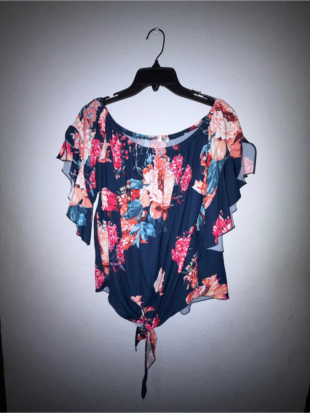 Lucky more Navy Floral Off-Shoulder Tie-Front Blouse